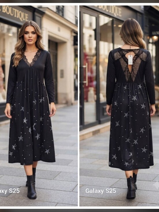 sheilay Dresses & Skirts - SHEILAY Black Long Sleeve Midi Dress White Stars Size  US M. Lace Back